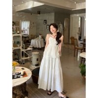 Sét đồ nữ áo 2 dây yếm phối ren cao cấp basic tiểu thư mát mẻ, váy nữ dáng chữ A dáng rộng trơn giản dị mùa hè