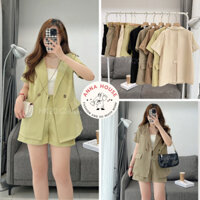 Set đồ nữ áo blazer cổ vest cộc tay kèm quần short màu trơn basic, set áo blazer tay ngắn cổ vest kèm quần short đùi