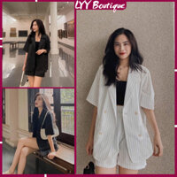 Set Đồ Nữ Áo Blazer Kèm Quần Short Kẻ Sọc Dáng Rộng, Bộ Vest Nữ Kẻ Sọc Lyy Boutique