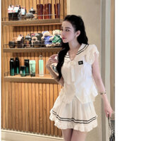 set đồ nữ áo cánh tiên cổ thủy thủ mix chân váy trắng viền đen dáng ngắn thiết kế QUẾ CHI TỰ MAY LẠI, Set đồ nữ trắng LP