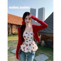 Set Đồ Nữ Áo Cardigan Mỏng Ngắn Phối Áo Quây Đuôi Xòe Họa Tiết Hoa Thời Trang Nữ