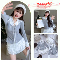 Set Đồ Nữ - Áo Cardigan Tay Bèo Thiết Kế Cổ Sơ Mi Thắt Nơ Kèm Với Chân Váy Ren Tầng Tiểu Thư Moongril G188