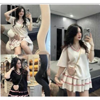 SET ĐỒ NỮ ÁO CỔ CHỮ V PHỒI VIỀN MÀU KEM CHÂN VÁY XẾP LY DÁNG NGẮN