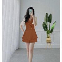 Set đồ nữ áo cổ vest tay phối lưới quần đùi TJ1158