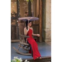 Set đồ nữ áo cổ yếm dáng dài xẻ tà hông kèm quần ống rộng chất tuyết nhung phù hợp đi chơi chụp ảnh checkin Ht397