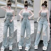 Set đồ nữ áo croptop cup ngực phối quần ống rộng rách chất jeans qc năng động cá tính D825A