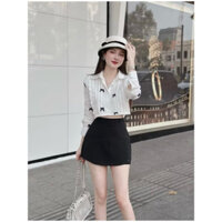 Sét đồ nữ Áo croptop dài tay đính nơ mix quần giả váy nhẹ nhàng tiểu thư LOSY.STORE