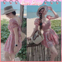 Set đồ nữ - Áo croptop thắt nơ lưng có mút ngực mix quần giả váy 2 lớp xịn xò cho các nàng đi chơi cực xinh Bun Shop