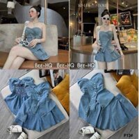Set đồ nữ áo cup ngực vạt chéo kèm chân váy chữ A chất jeans qc phù hợp đi chơi hẹn hò D673