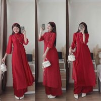 Set Đồ Nữ Áo Dài Cách Tân Tơ Đính Nút Xẻ Tà Phối Quần Suông Với Tone Màu Đỏ Xinh Xắn Diện Đi Chơi Xuân, Lễ Tết