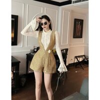 Set đồ nữ áo dài tay ống loe ren kèm jum yếm vàng kim tuyến, Set áo ren tay loe kèm jum đùi yếm thiết kế TỰ MAY