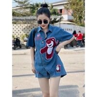 Set Đồ Nữ Áo Jeans Gấu Dâu Kèm Quần Đùi Kiểu Hàn Quốc Tôn Dáng