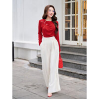 Set Đồ Nữ Áo KAMO Đỏ Thiết Kế Công sở Sang Chảnh Charllot Chất Lụa Hàn Châu Quần Dập Ly Kem CL183