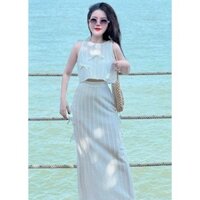 Set đồ nữ áo kèm chân váy xuông đính nơ xinh đẹp chất len ren phù hợp đi biển du lịch D456