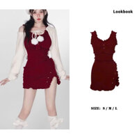 Sét Đồ Nữ Áo Khoác Lông Croptop Mix Váy Đỏ Viền Bèo Dễ Thương Mặc Noel Tết LOSY.STORE