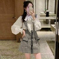 Set đồ nữ áo lụa phối nơ cổ kèm yếm kaki sọc caro nữ tính dịu dàng phù hợp đi làm đi chơi D561