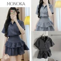 Set đồ nữ áo sơ mi cộc tay cổ bẻ thêu nơ ngực + Chân váy bèo xòe 2 tầng có quần trong bảo hộ Bộ áo kiểu đầm ngắn T538G