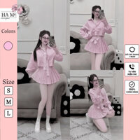 Set Đồ Nữ Áo Sơ Mi  Họa Tiết Phối Đai Nơ Mix Chân Váy Xếp Li - Hami Design SB 230