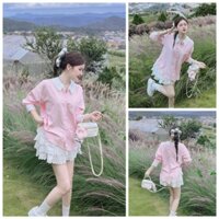 Set Đồ Nữ Áo Sơ Mi Kate Sọc Đính Nút + Chân Váy Xòe Tầng Phối Ren Với Tone Màu Trắng - Hồng Baby Siêu Xinh