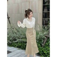 Set đồ nữ áo sơ mi tay dài cài nút kèm  chân váy jean đuôi cá dáng dài
