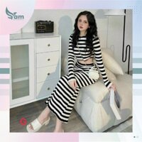 Set đồ nữ áo tay dài croptop sọc ngang sang chảnh mix chân váy co giãn tôn dáng xinh xắn đi chơi AT169