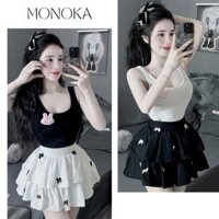 Set đồ nữ áo thun 2 dây to ôm body + chân váy xòe bồng tầng gắn nơ có quần Bộ áo ba lỗ nữ đầm ngắn bánh bèo T430G MONOKA