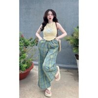 Set đồ nữ áo thun 3 lỗ in 3D kèm quần bố ống rộng kẻ caro phù hợp đi làm đi chơi Ht234