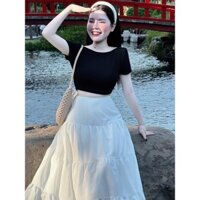 Set đồ nữ áo thun croptop kèm chân váy lụa dài xòe xinh đẹp phù hợp các nàng đi làm đi chơi D329