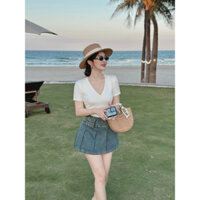 Set đồ nữ áo thun gân cổ tim phối chân váy xếp ly dáng xòe đính nút trang trí siêu xinh cute cho nàng đi chơi đi cf.