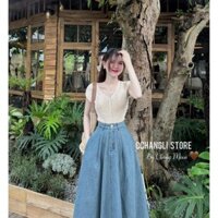 Set đồ nữ áo thun gân kèm chân váy jeans qc dài phù hợp đi làm đi chơi D513