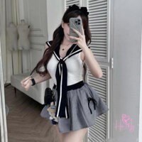 Set đồ nữ - Áo thun khoét nách cổ thủy thủ thắt khăn kèm chân váy sếp ly thắt nơ thoáng mát trẻ chung hamycherry