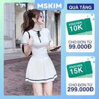 Set đồ nữ áo thun không cổ cộc tay ôm body có dây nơ + chân váy đầm xếp ly xòe viền có quần trong bảo hộ T109G