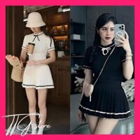 Set đồ nữ áo thun không cổ cộc tay ôm body có dây nơ + chân váy đầm xếp ly xòe viền có quần trong bảo hộ T109G