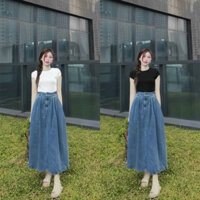 Set đồ nữ áo thun trơn kèm chân váy jeans Qc cao cấp phù hợp đi làm đi chơi D402