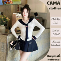 Set đồ nữ áo thun trơn tặng kèm khăn thủy thủ mix chân váy xếp ly Cama Clothes, đồ bộ nữ Thome dài tay thu đông HCOM3031
