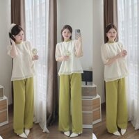 Set đồ nữ áo tơ 2 lớp cổ tàu kèm quần tuyết nhung ống rộng phù hợp đi làm đi chơi HT408