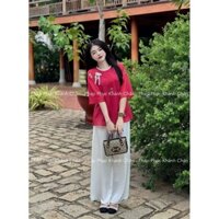 Set đồ nữ áo tơ 2 lớp phối quần lụa ống rộng D761