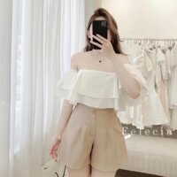 Set Đồ Nữ Áo Trễ Vai 2 Tầng Màu Trắng Và Quần Đùi Nữ Kaki - Hanu Store