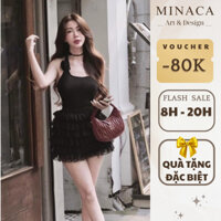 Set đồ nữ áo yếm 2 dây MINACA kèm hoa phối chân váy ren dáng xoè tầng thiết kế đi biển S79