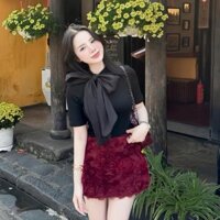 Set đồ nữ, Áo zip phối nơ tơ to kèm chân váy hoa hồng siêu slay phù hợp đi chơi đi tiệc đỏ