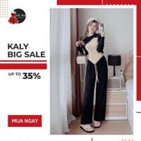 Set đồ nữ ba món áo Croptop dài tay mix áo hai dây kèm quần suông thun tăm - Kaly Shop