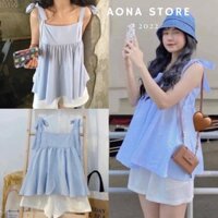 Set đồ nữ babydoll AONA STORE, set áo 2 dây thắt nơ vai kẻ caro xanh kèm quần short Phong Cách Hàn Quốc mặc thoải mái .