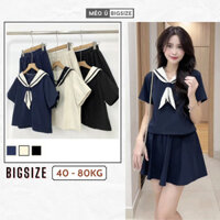Set đồ nữ BIGSIZE áo cộc tay cổ phối vạt khăn thủy thủ kèm chân váy ngắn xòe 1906