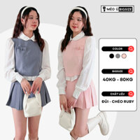 Set đồ nữ BIGSIZE set bộ 3 món áo sơ mi cổ sen phối áo gile túi nơ mix chân váy xếp ly 2 túi trước 1914