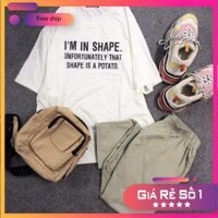 Set đồ nữ bộ đồ 1 áo tay lửng In Shape Potato + 1 quần kaki be unisex