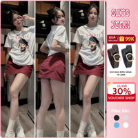 Set đồ nữ cá tính,đồ bộ nữ áo phông trắng cổ tròn cộc tay in hình dễ thương mix chân váy đỏ dáng ngắn Jeansuto HCOM25444