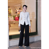 Set đồ nữ cao cấp Juliette Luxury thiết kế áo peplum cổ tròn đính cúc xẻ tà trước cách điệu phối quần ống đứng khóa sườn