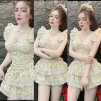 Sét đồ nữ chấm bi màu váy tầng phối ren áo cúp 2 dây vai cánh tiên