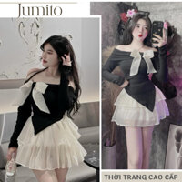 Set đồ nữ chân váy tầng mix áo phối dây nơ trễ vai Jumito, đồ bộ nữ áo thun dài tay kèm chân váy dễ thương HCOM2784