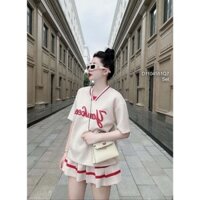 Sét đồ nữ chân váy xòe áo tay ngắn cổ tim viền sọc ngang in chữ yankees chất thun tăm dày dặn